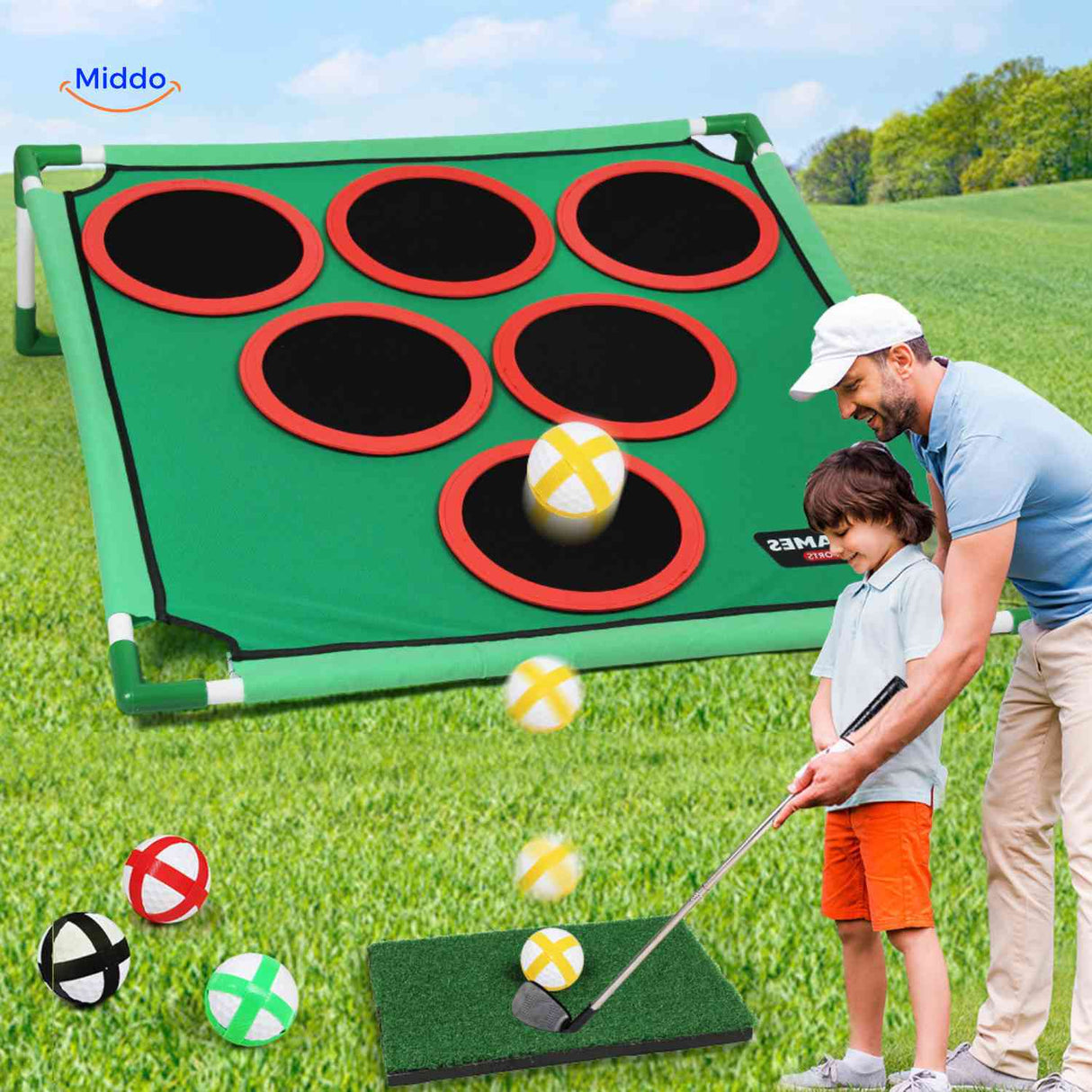 Parent and child playing golf training game outdoors on grass.