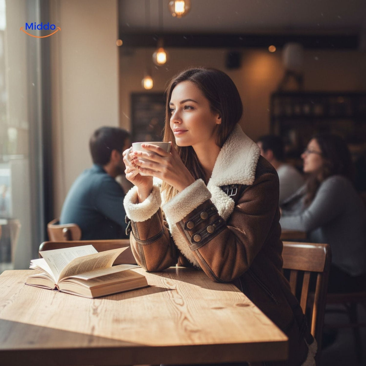 Long faux fur winter coat styled in a cozy café scene with books and coffee.