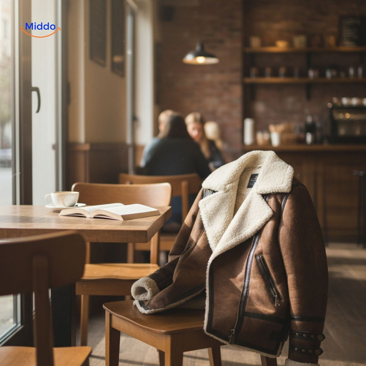 Long faux fur coat draped over a chair in a warm café interior, lifestyle flat display.
