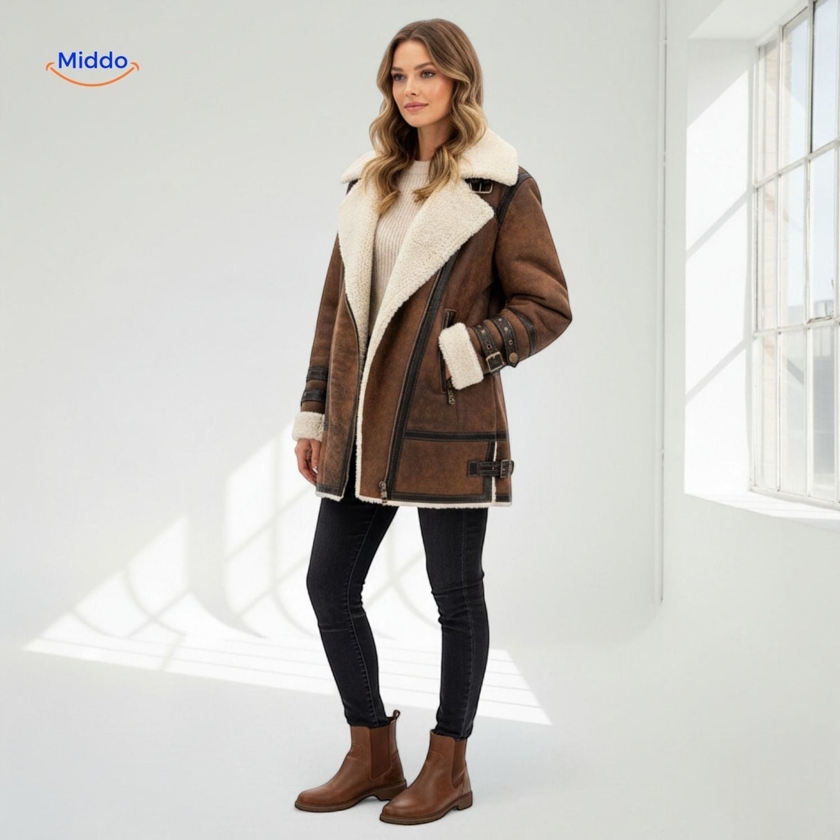 Long faux fur lined winter coat in a complete outfit with ankle boots, editorial lifestyle shot.