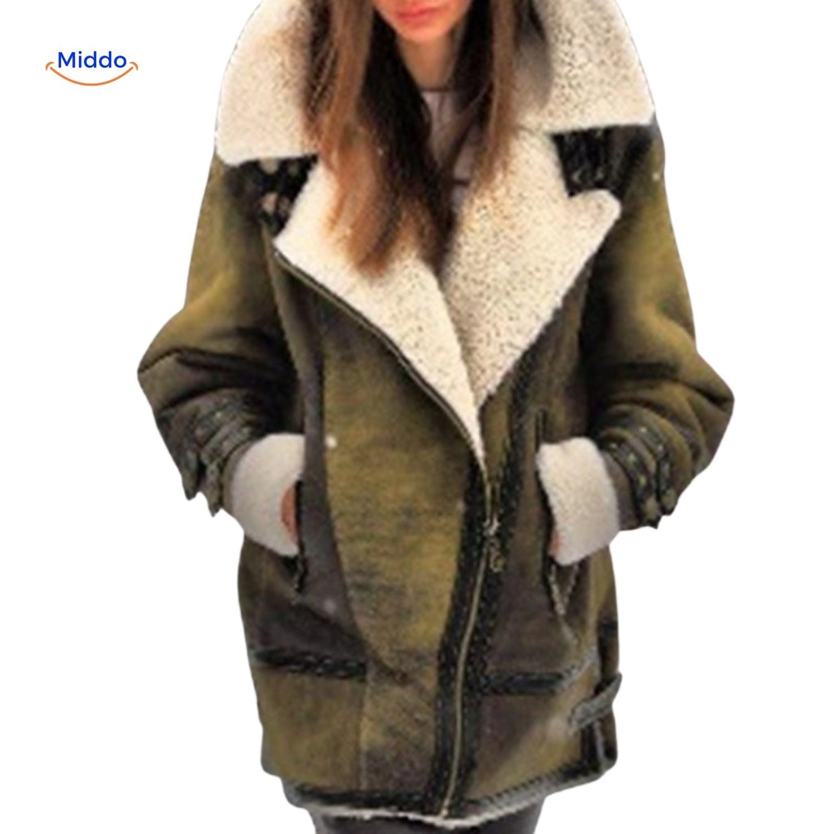 Long faux fur lined winter coat in forest green, full-length color swatch view.