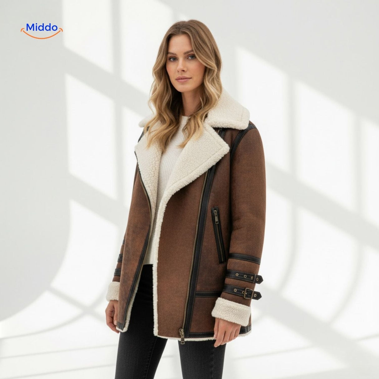 Women's long faux fur coat worn indoors in natural light, styled for a chic autumn look.