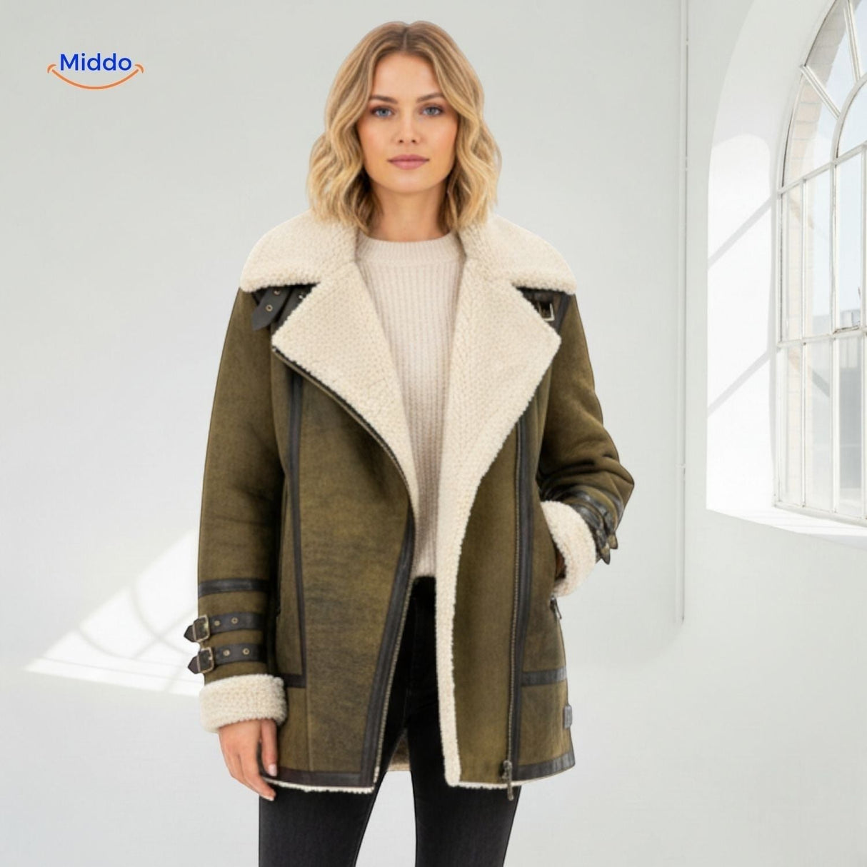 Close-up of olive green faux fur coat collar and contrast stitching details.