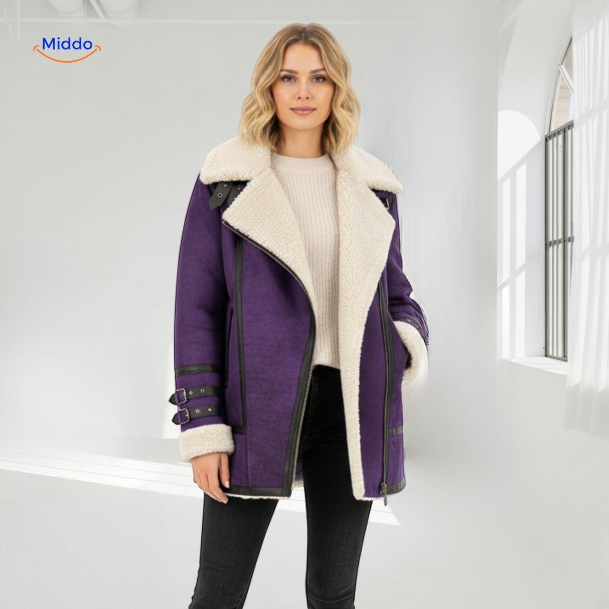 Close-up of purple long faux fur winter coat showing plush lining and luxurious texture.