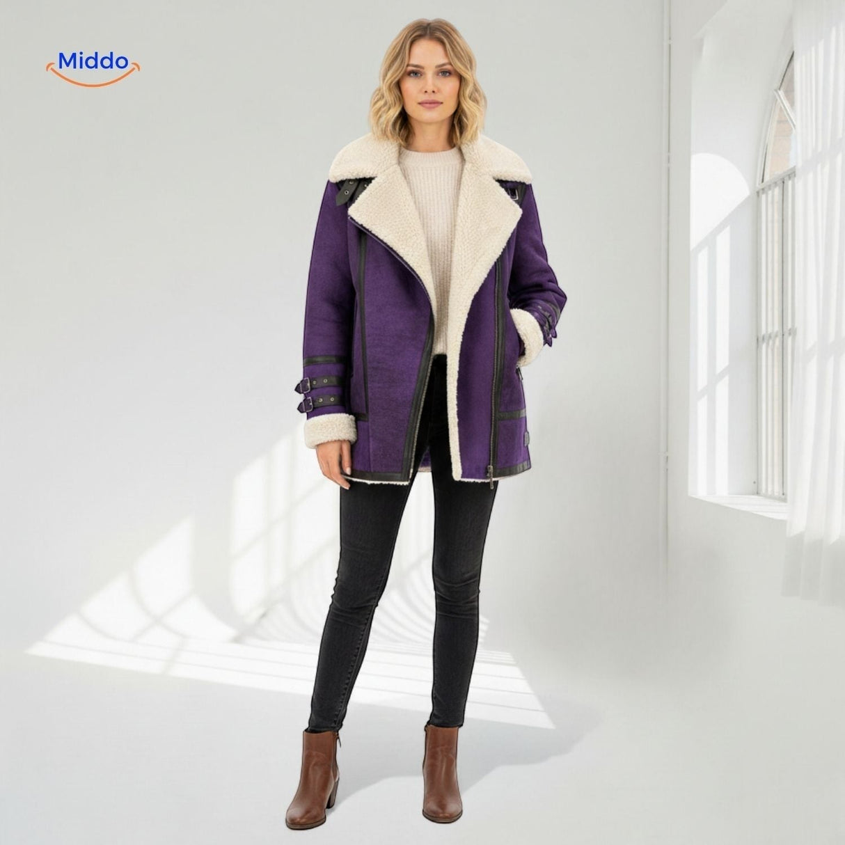 Purple long faux fur winter coat with faux leather details, full-length model view.