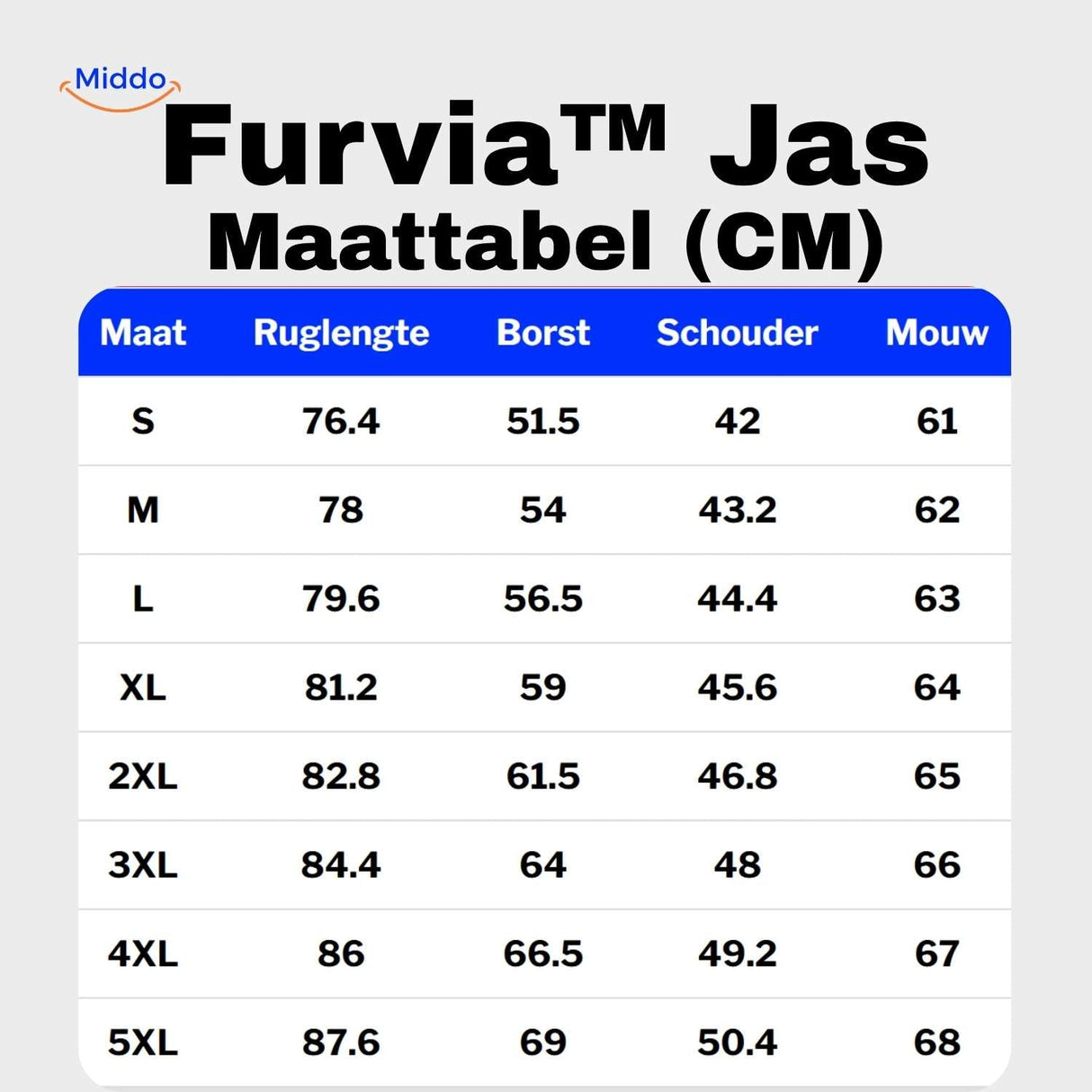 Size chart for the faux fur lined long winter coat showing measurements in cm from S to 5XL.