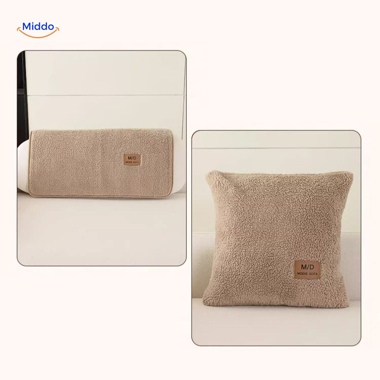 Beige faux lambswool sofa cover styled with matching pillows and throw blankets.