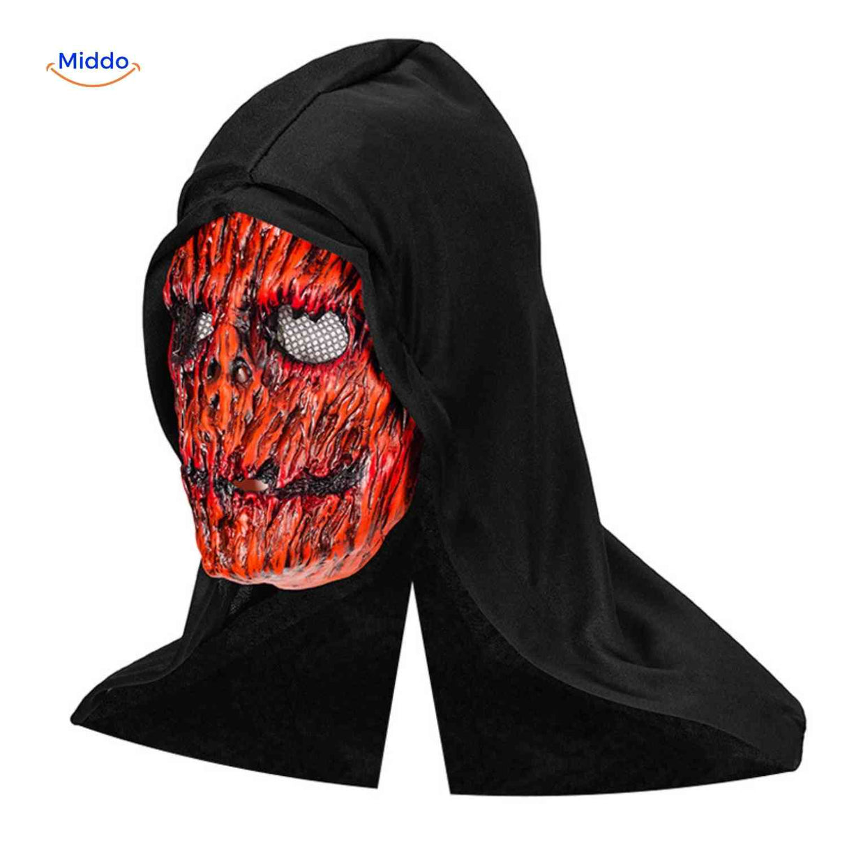 Fiery red skull mask with black hood for Halloween.