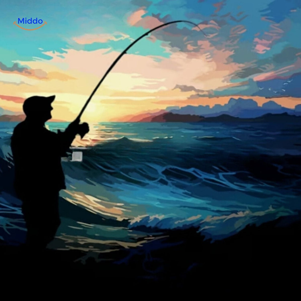 Fishing silhouette at sunset depicted on the TackleBox advent calendar design.
