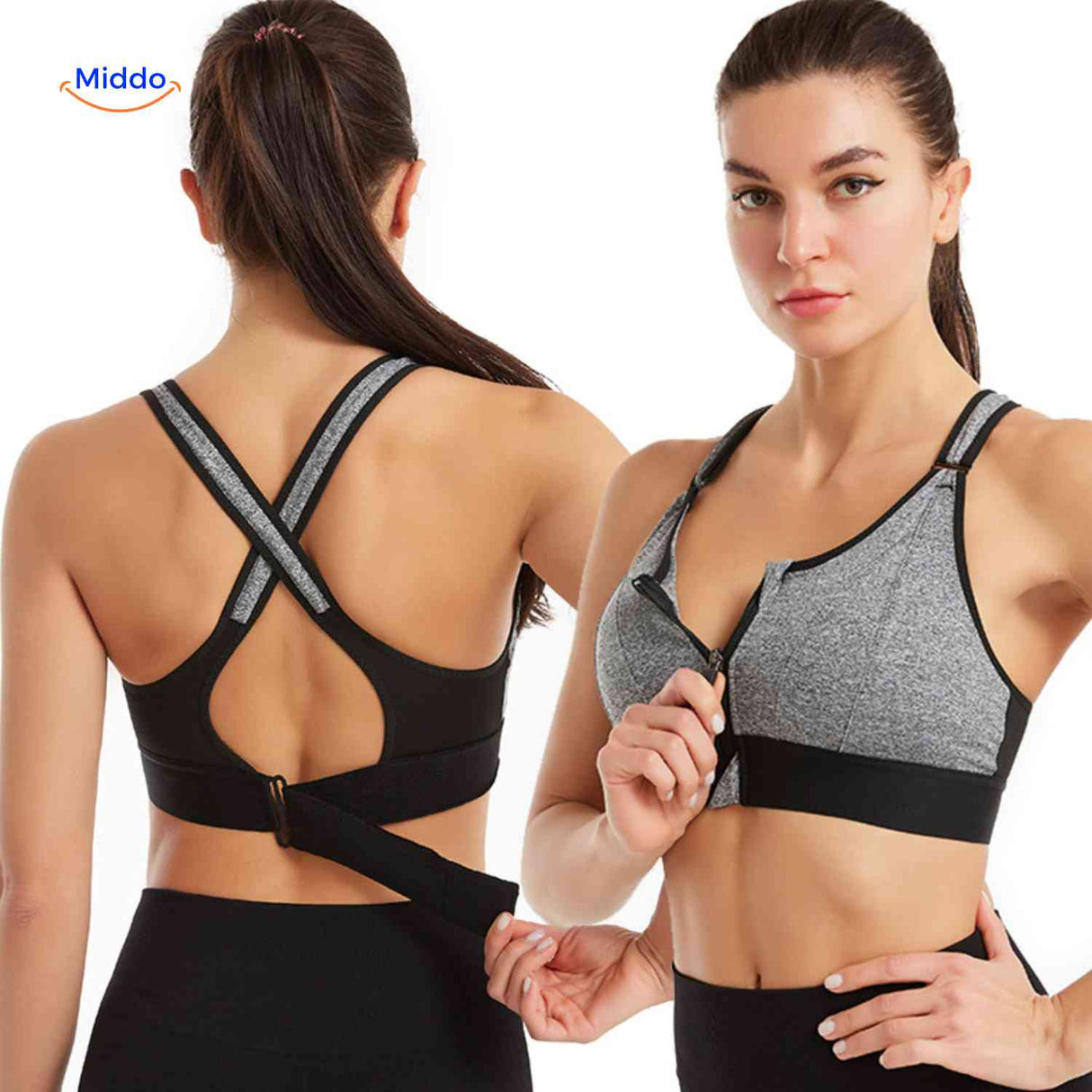 Fitura high-impact sports bra in grey with black trim and zip-front.