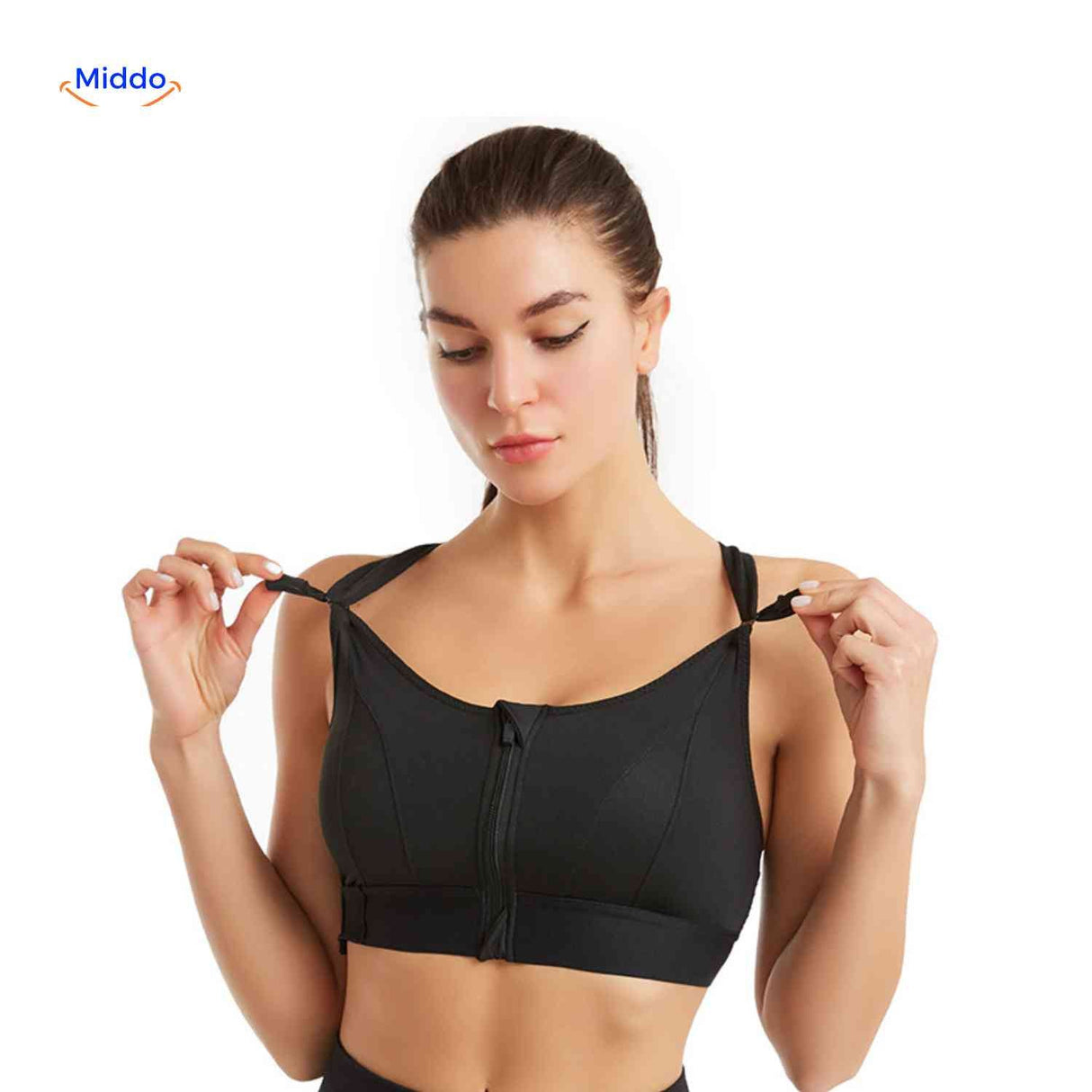Fitura sports bra in black with adjustable straps and zip-front design.