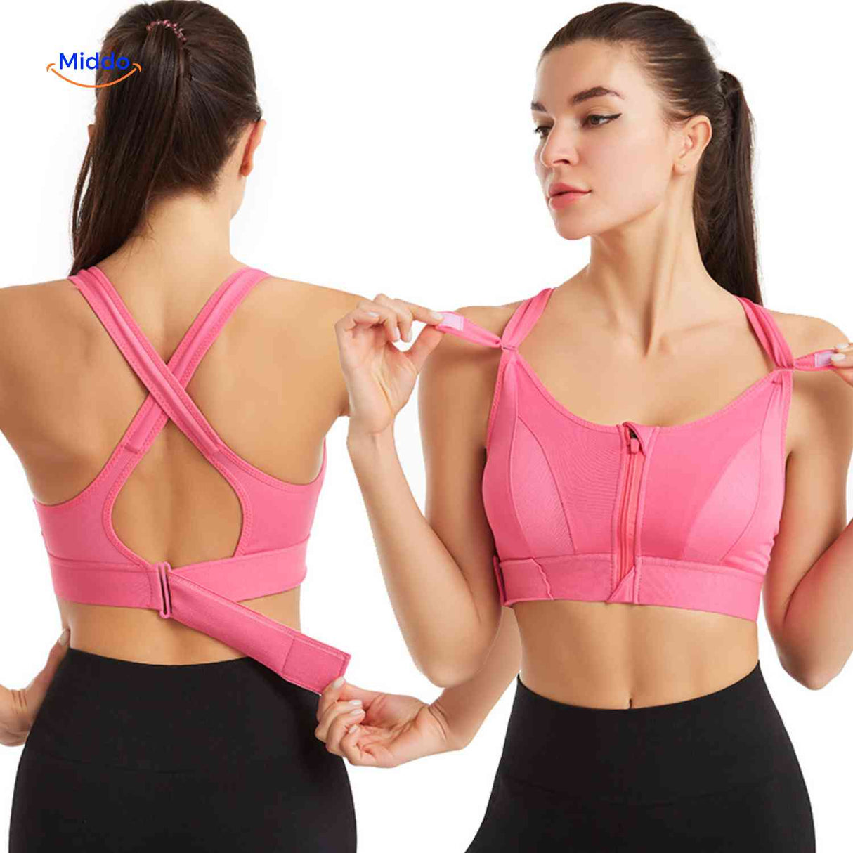 Fitura sports bra in pink with crossback straps and zip-front closure.