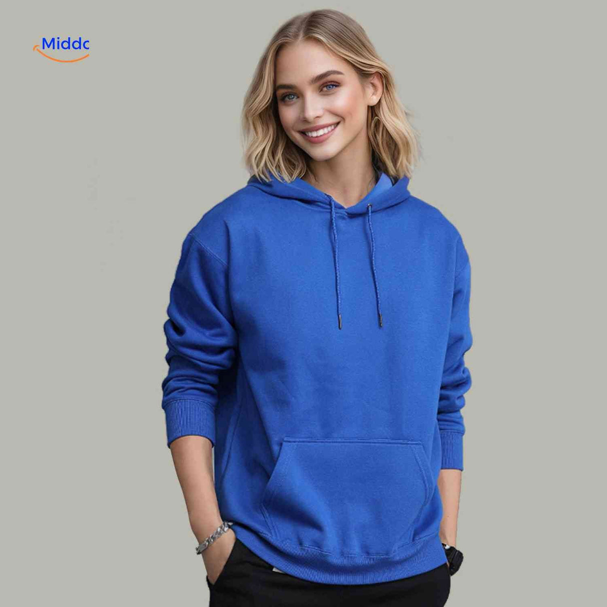 Blue fleece hoodie modeled by woman showcasing flattering fit