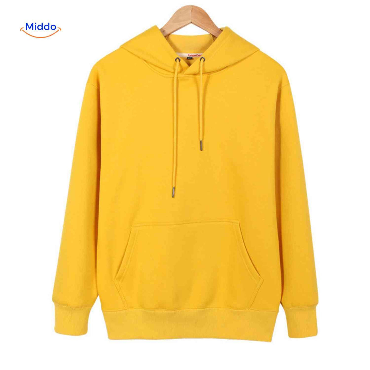 Yellow fleece hoodie on hanger showing product shape and hang