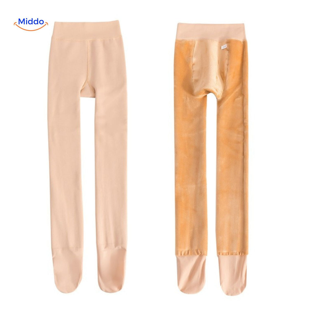 Side-by-side comparison of thermal fleece-lined tights in beige and black.