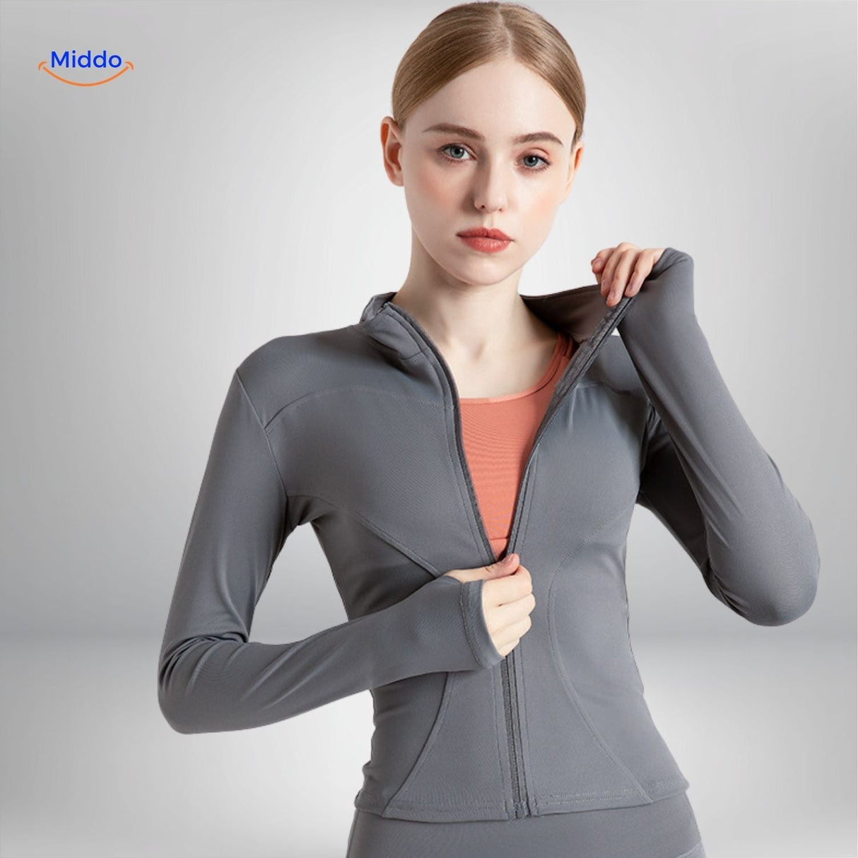 FlexiFit Pro yoga jacket in grey with modern, contemporary look.