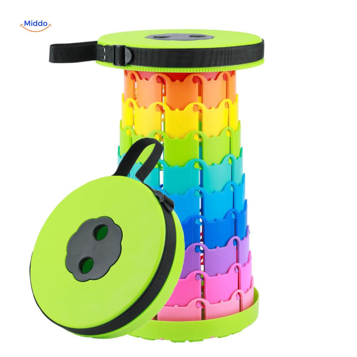 Flexistool in colorful rainbow design with green accents.