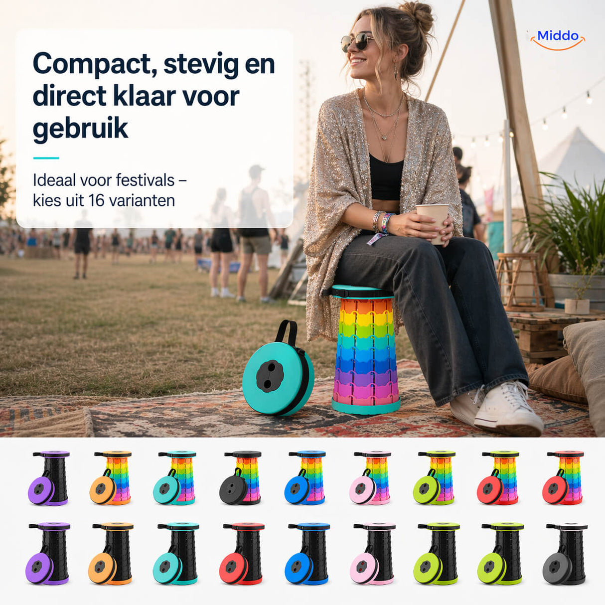 Flexistool adjustable telescopic folding stool in compact festival-ready portable design.