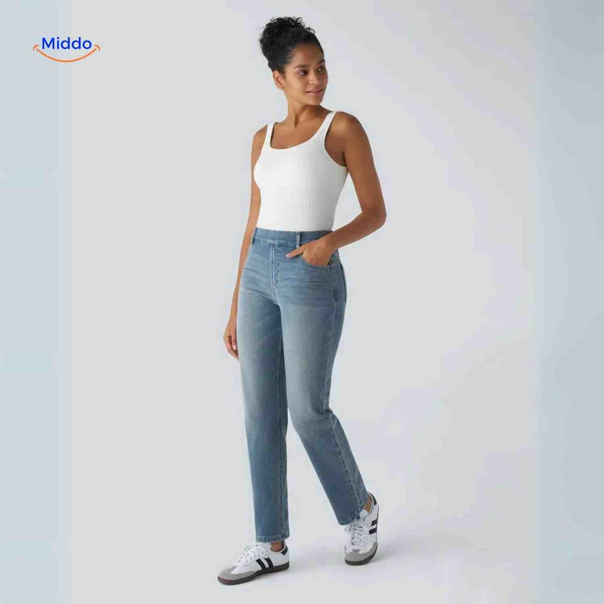Flexiva high-rise stretch jeans in classic blue with flexible waistband.