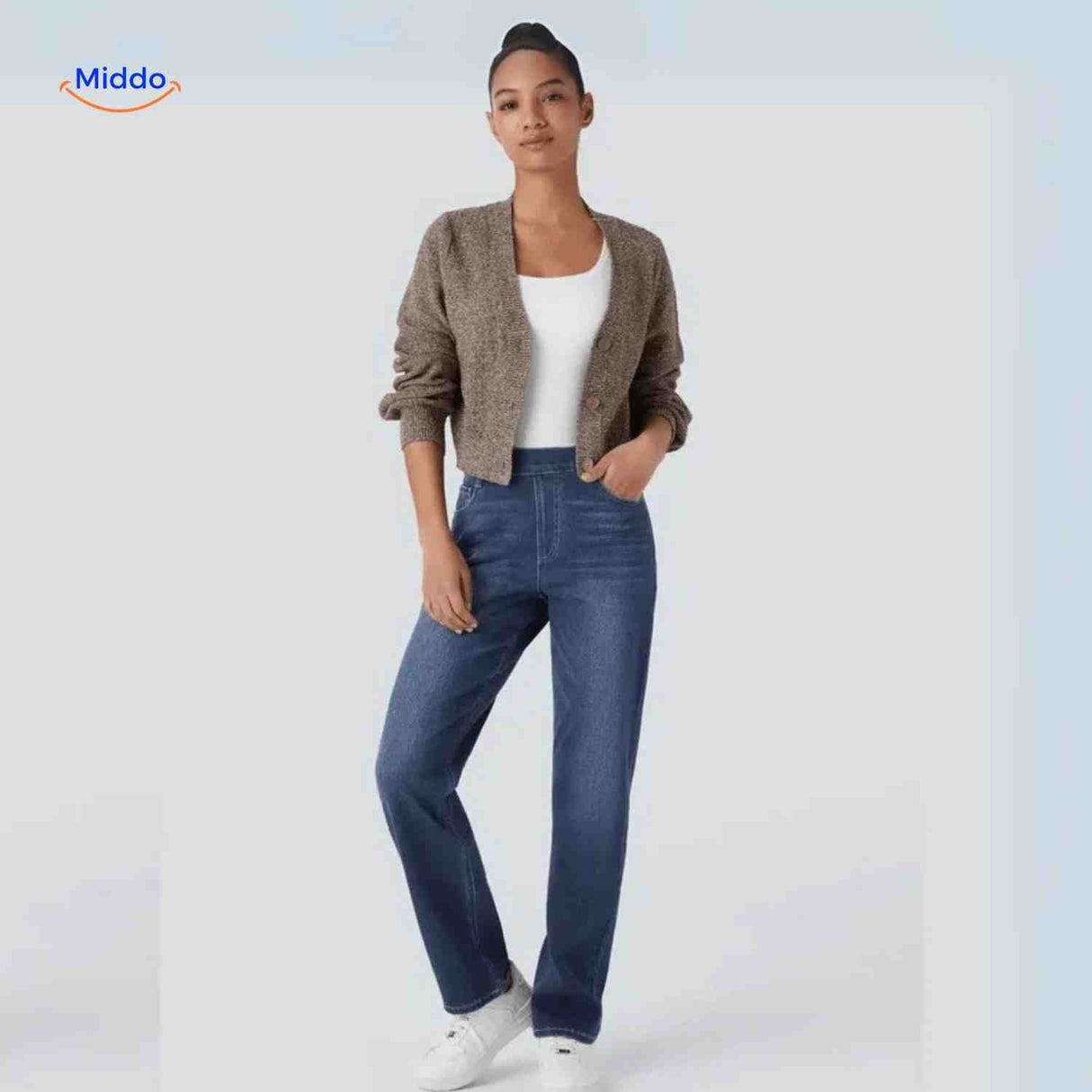Flexiva high-waist stretch jeans in blue with comfort fit design.