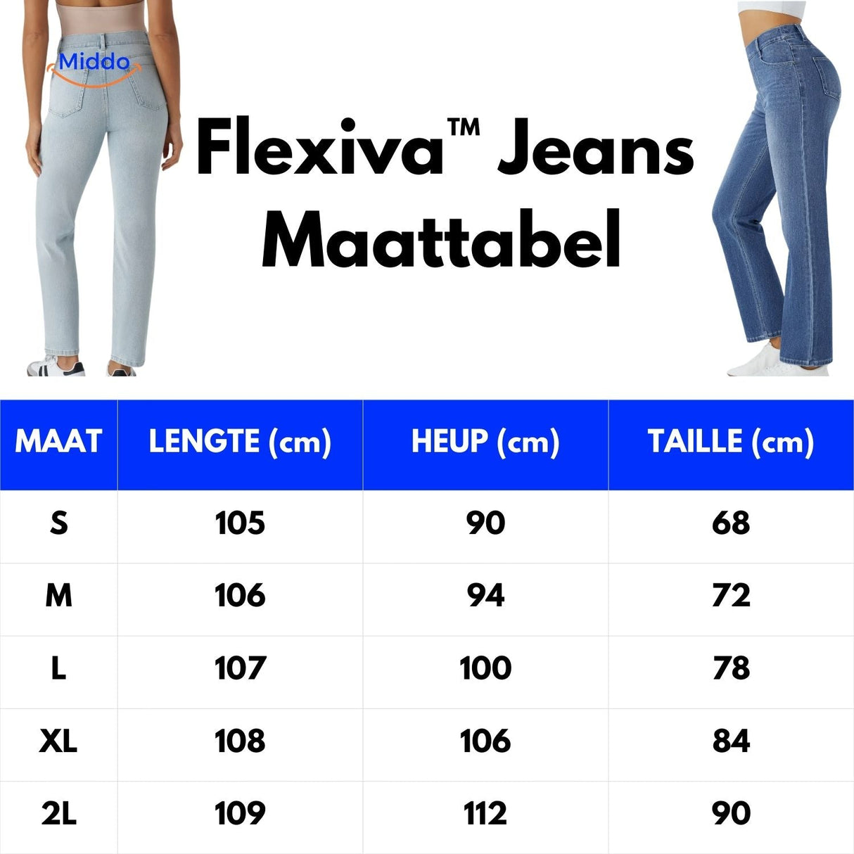 Flexiva jeans size guide showing measurements and fit recommendations.
