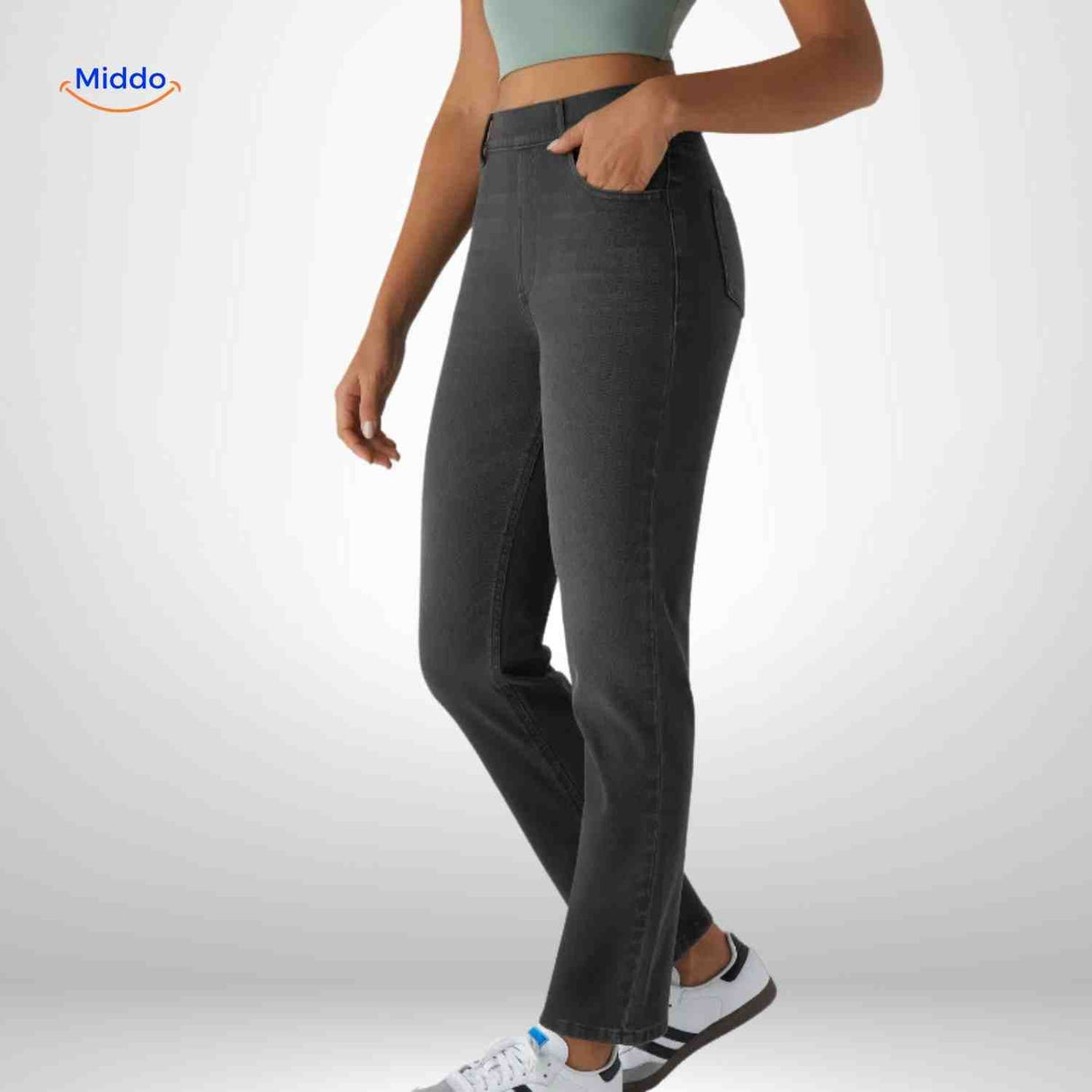 Flexiva black skinny-stretch jeans displayed from side angle.