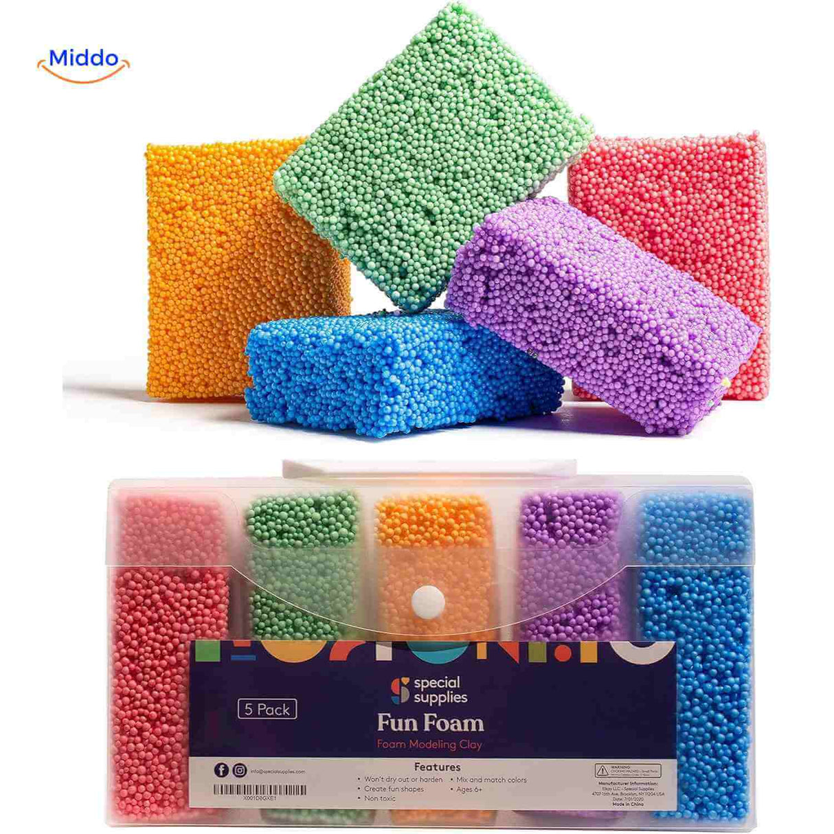 Five foam clay modeling blocks in protective storage box.