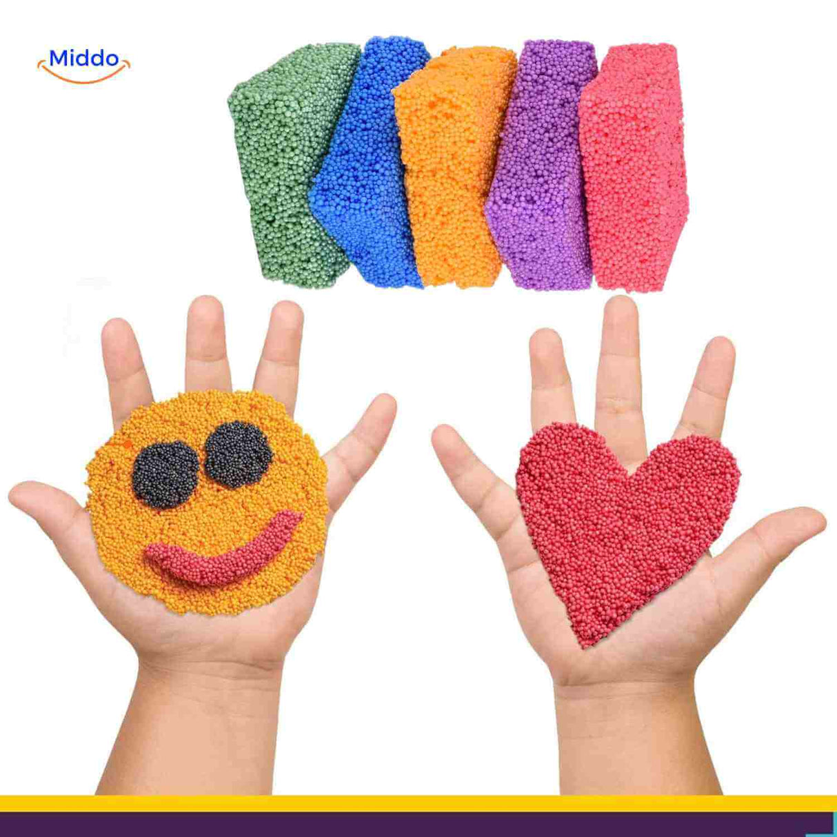 Foam clay hand-molded shapes including smiley face and heart designs.