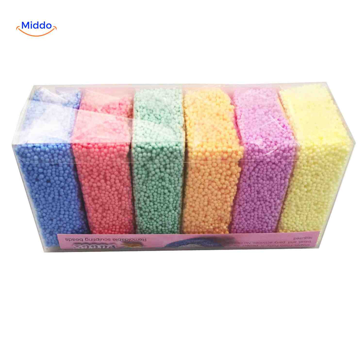 Soft pastel color foam clay set in transparent box for easy visibility.