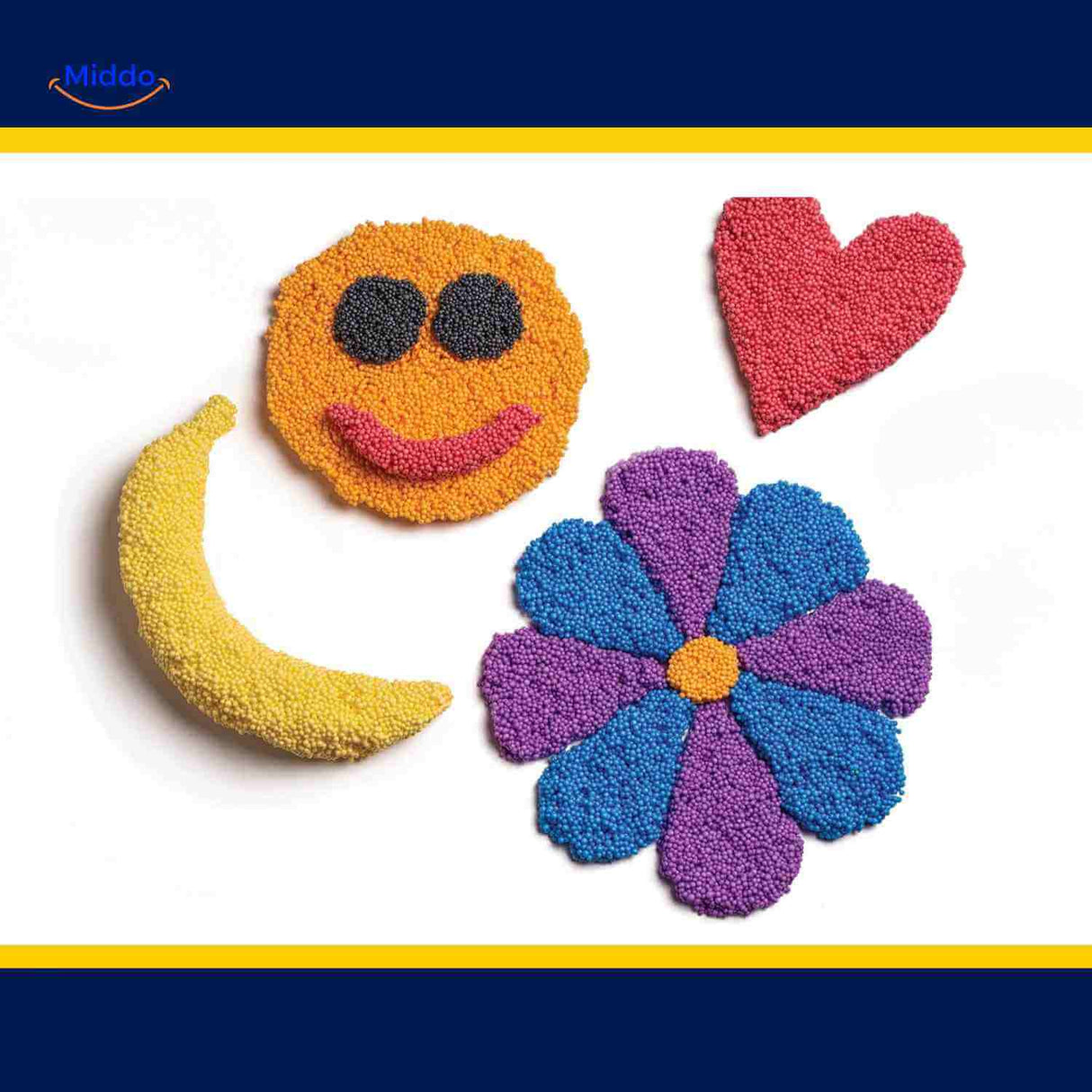 Foam clay shapes including smiley, heart, banana, and flower designs.