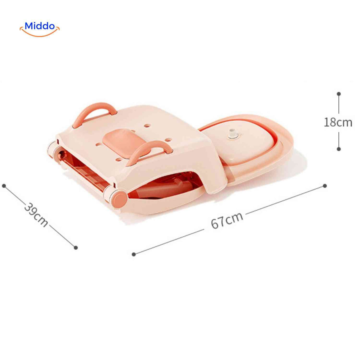 Folded baby bath chair showing compact dimensions and lightweight portability for travel.