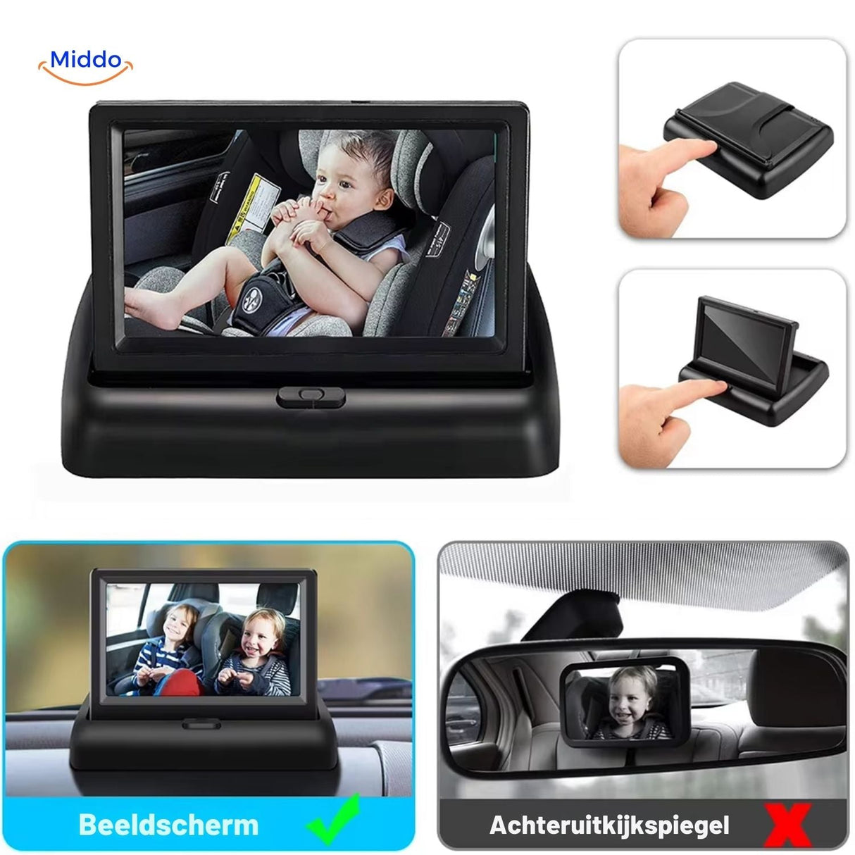 Foldable baby car monitor displaying clear backseat view of infant.