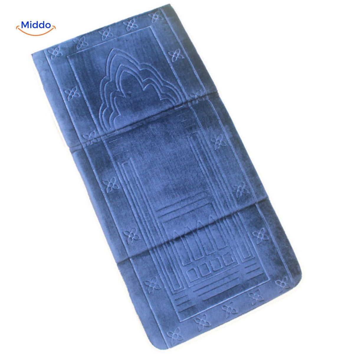 Foldable padded travel prayer mat in blue, folded compact for on-the-go prayer.