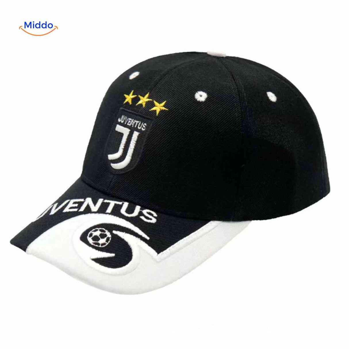 Soccer cap with embroidered team logo, durable and adjustable.