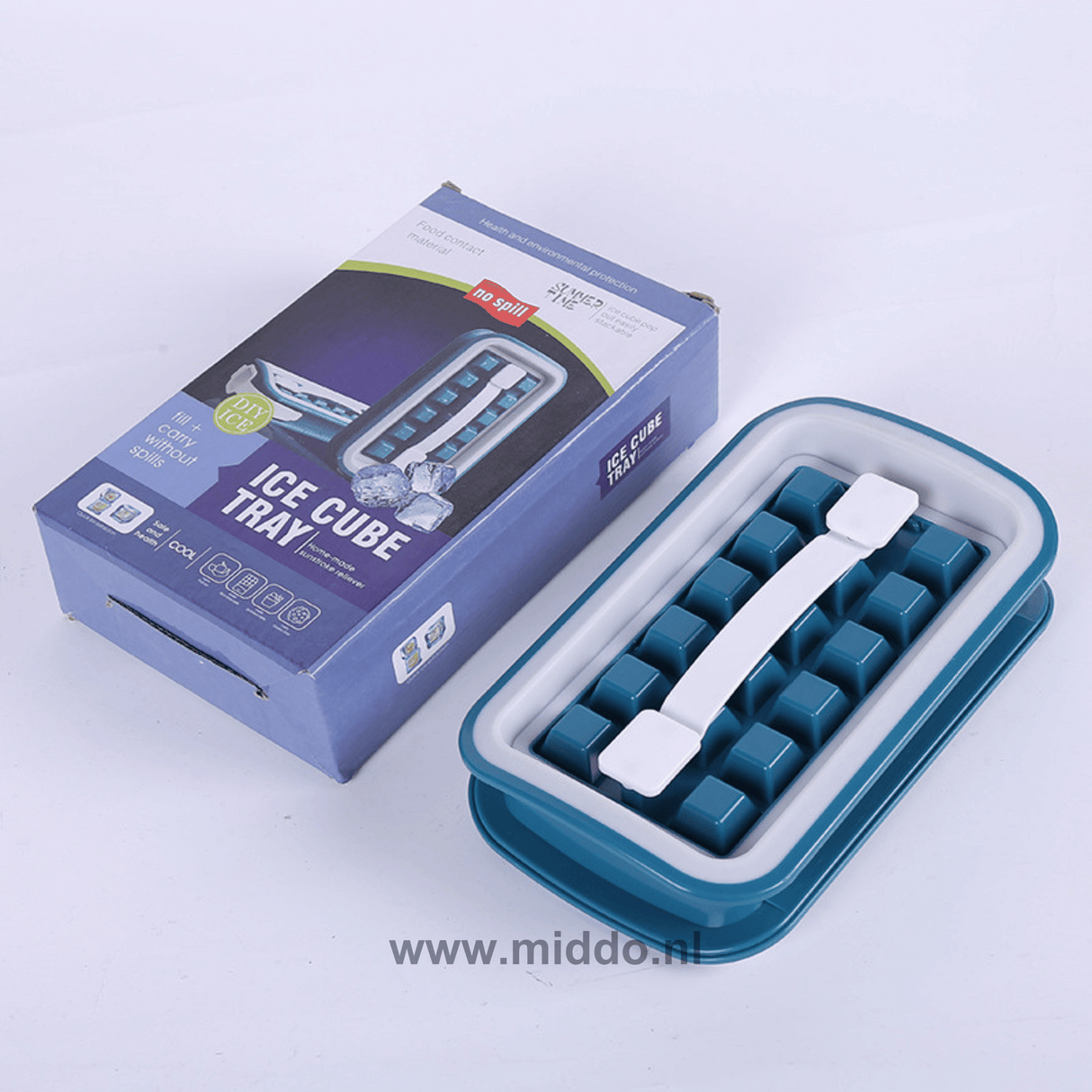 FrostyBalls green water bottle with packaging and square ice cubes.
