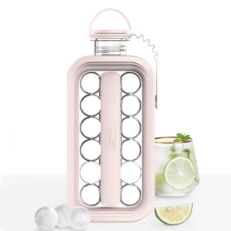 FrostyBalls pink water bottle with ice and fresh lime garnish.