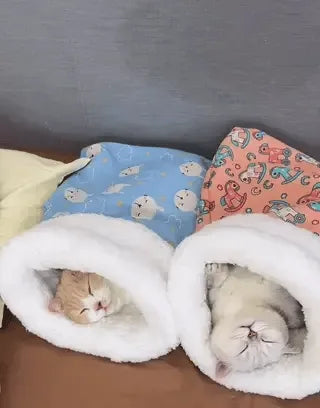 Cozy cat bed in blue and pink with two cats sleeping peacefully.