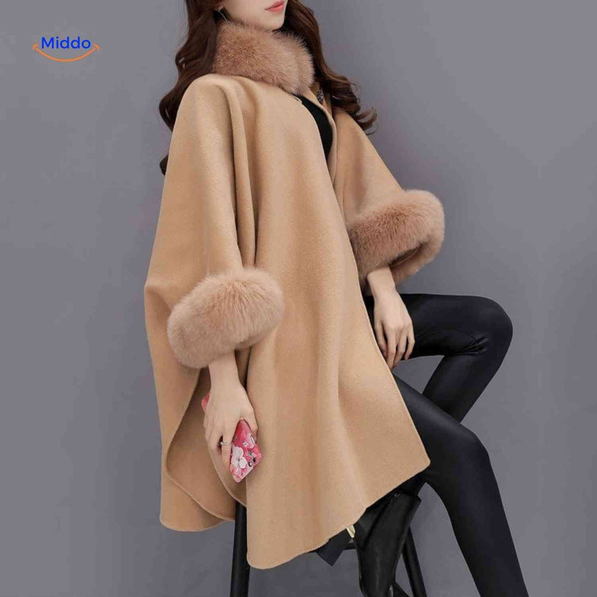 Furina stylish wool cape coat featuring zip closure and premium faux-fur accents.