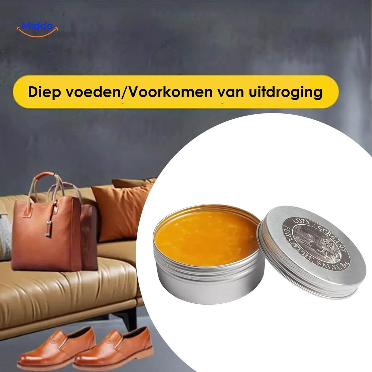 Furniture and leather balm restoring a leather bag and furniture, before-and-after style.