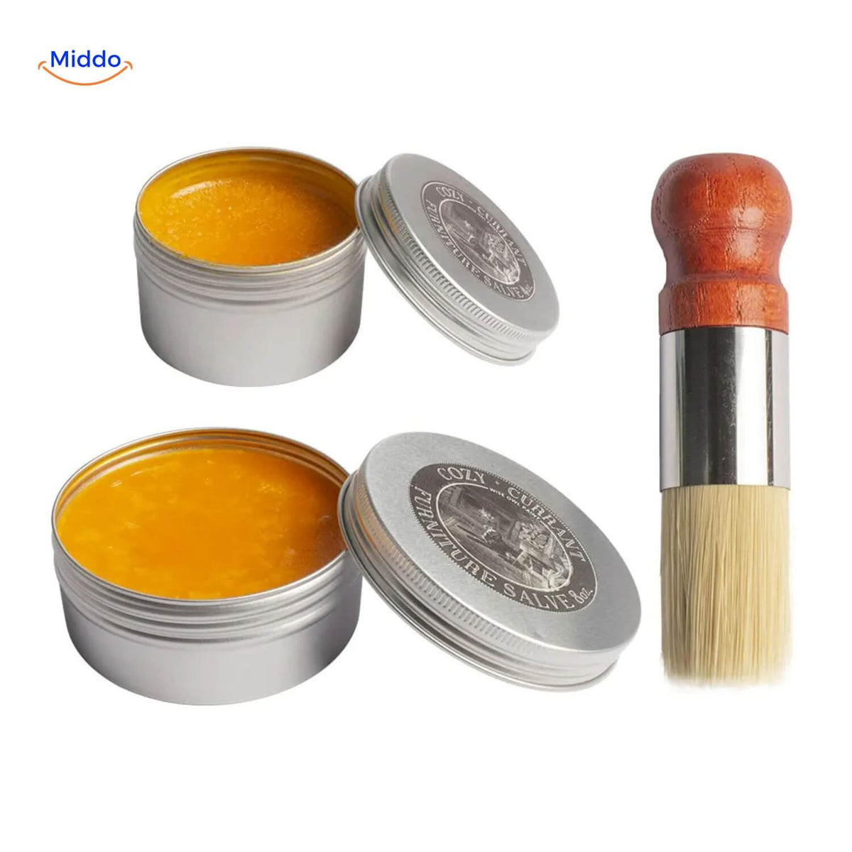 Two open tins of Furnituresalve™ with lids and a brush