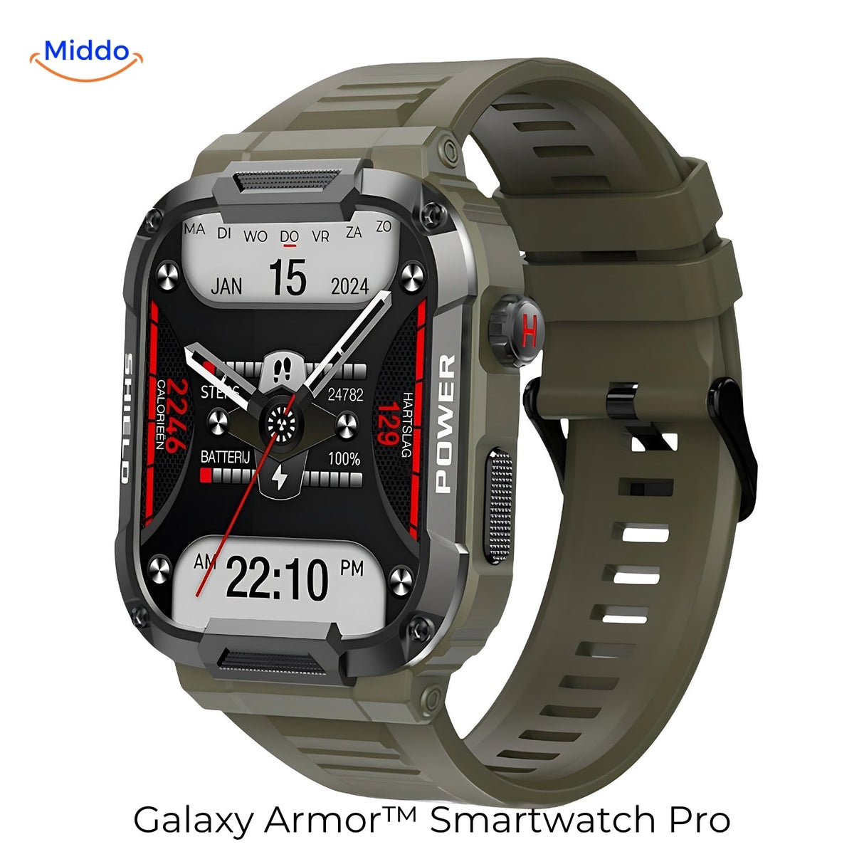 Galaxy Armor Pro in army green, rugged smartwatch with indestructible design for outdoor use.