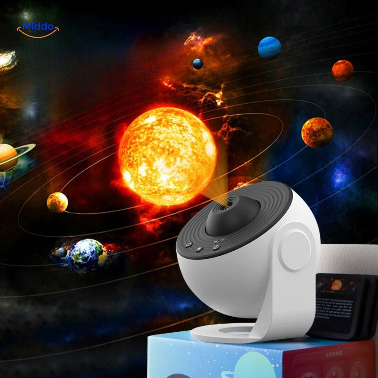 StarGlow projector lamp displaying helix milky way galaxy light effects overhead.