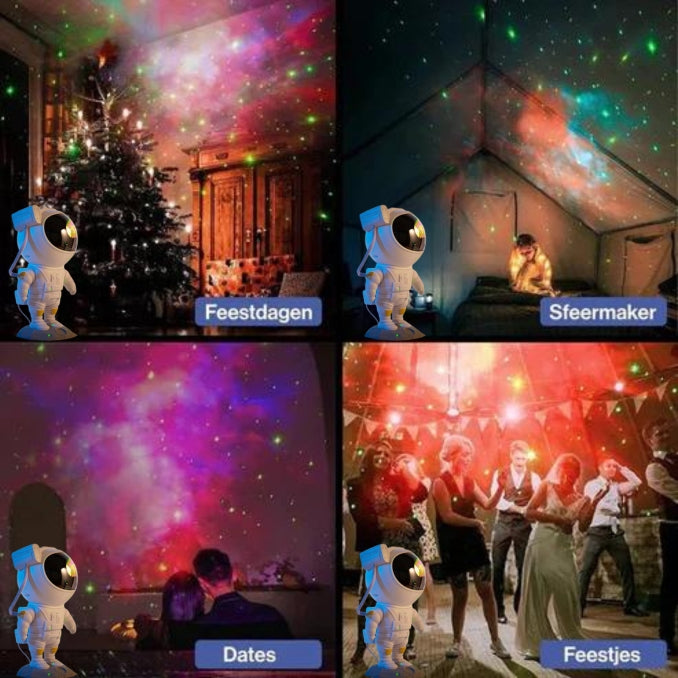 Galaxy projector creating atmospheric nebula lighting in bedroom for relaxing ambiance.