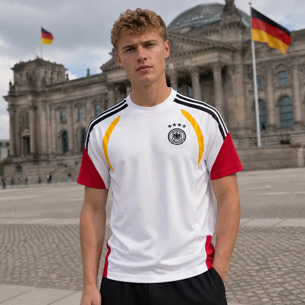 Germany World Cup jersey blending white, red, and yellow official colors.