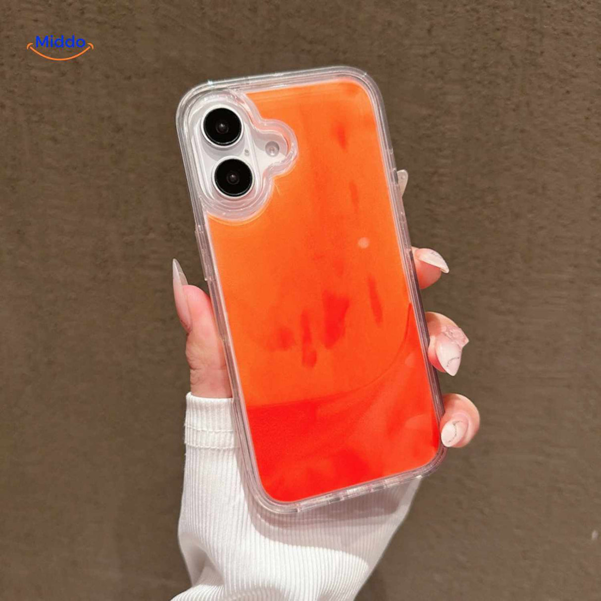 GlowSand phone case bright orange flowing liquid sand protective style.