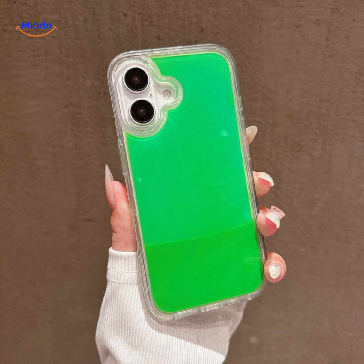 GlowSand phone case fresh green design with clear transparent liquid interior.