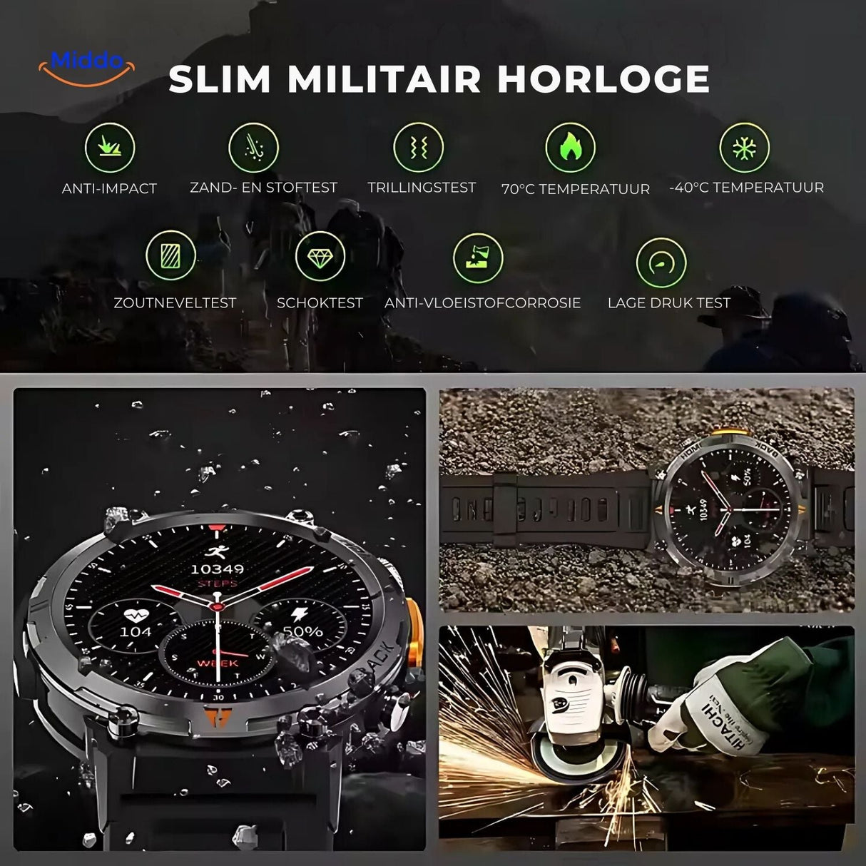 Slim military-style GlowTrack smartwatch with durable design and display.
