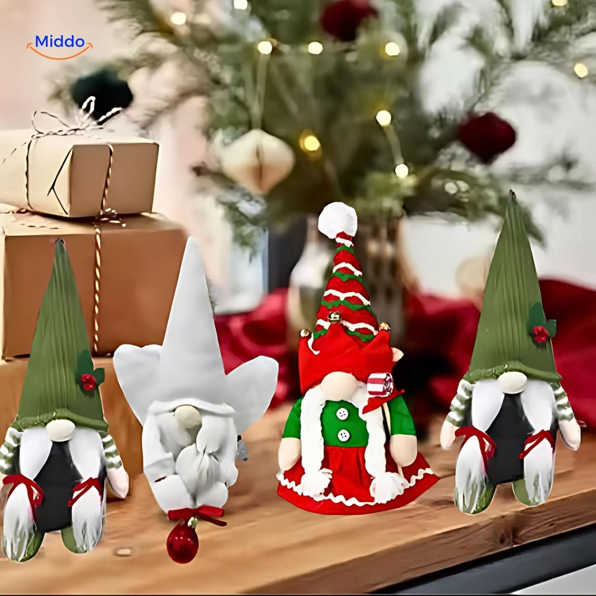 Festive gnome display surrounded by Christmas gifts and decorated tree.