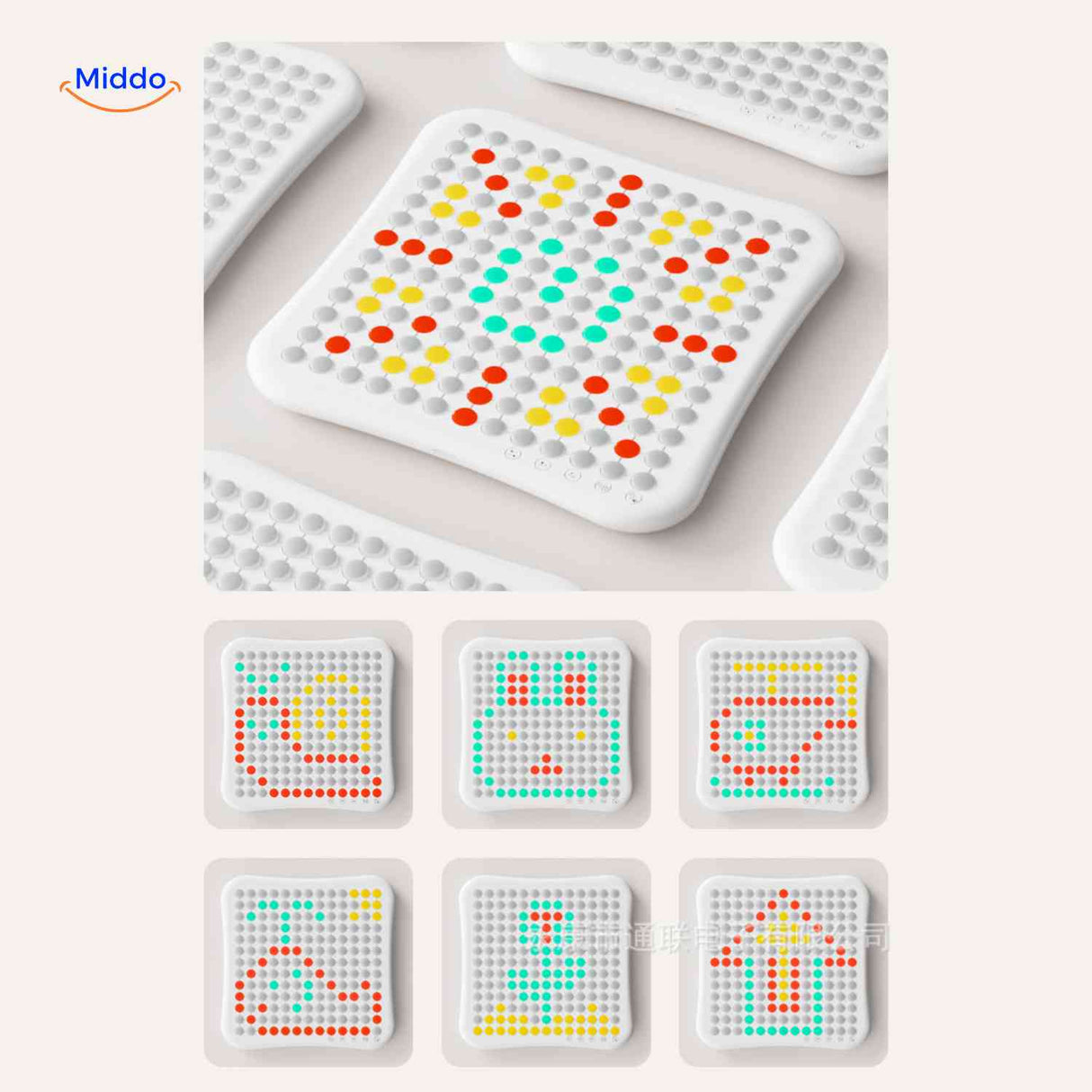 Creative LED matrix display featuring multiple vibrant color patterns and designs.