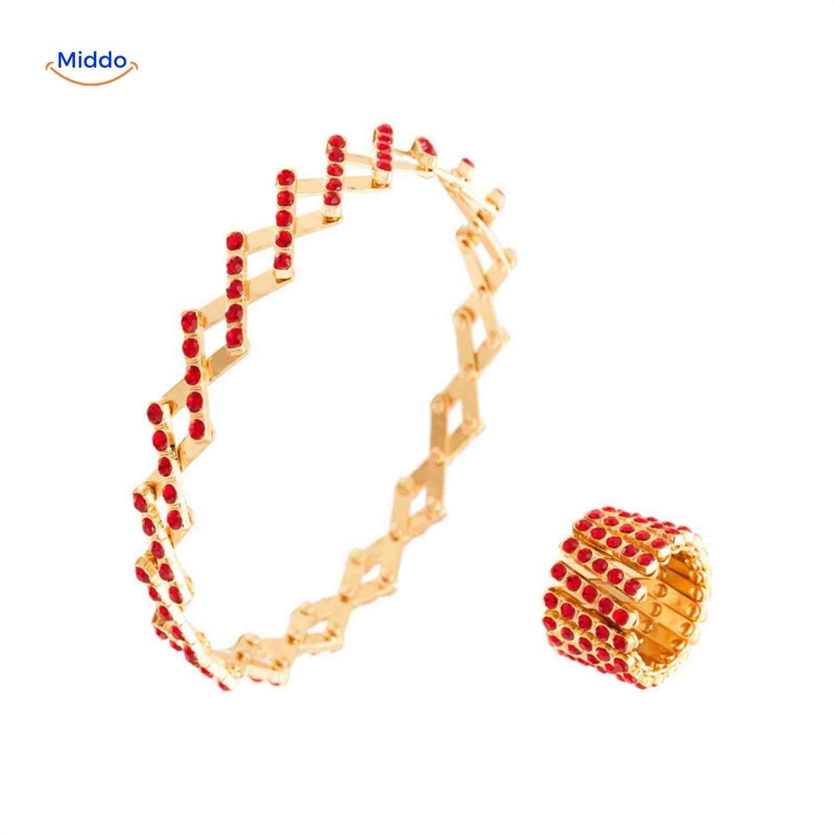 Gold ring and bracelet set with red crystal rhinestone accents.